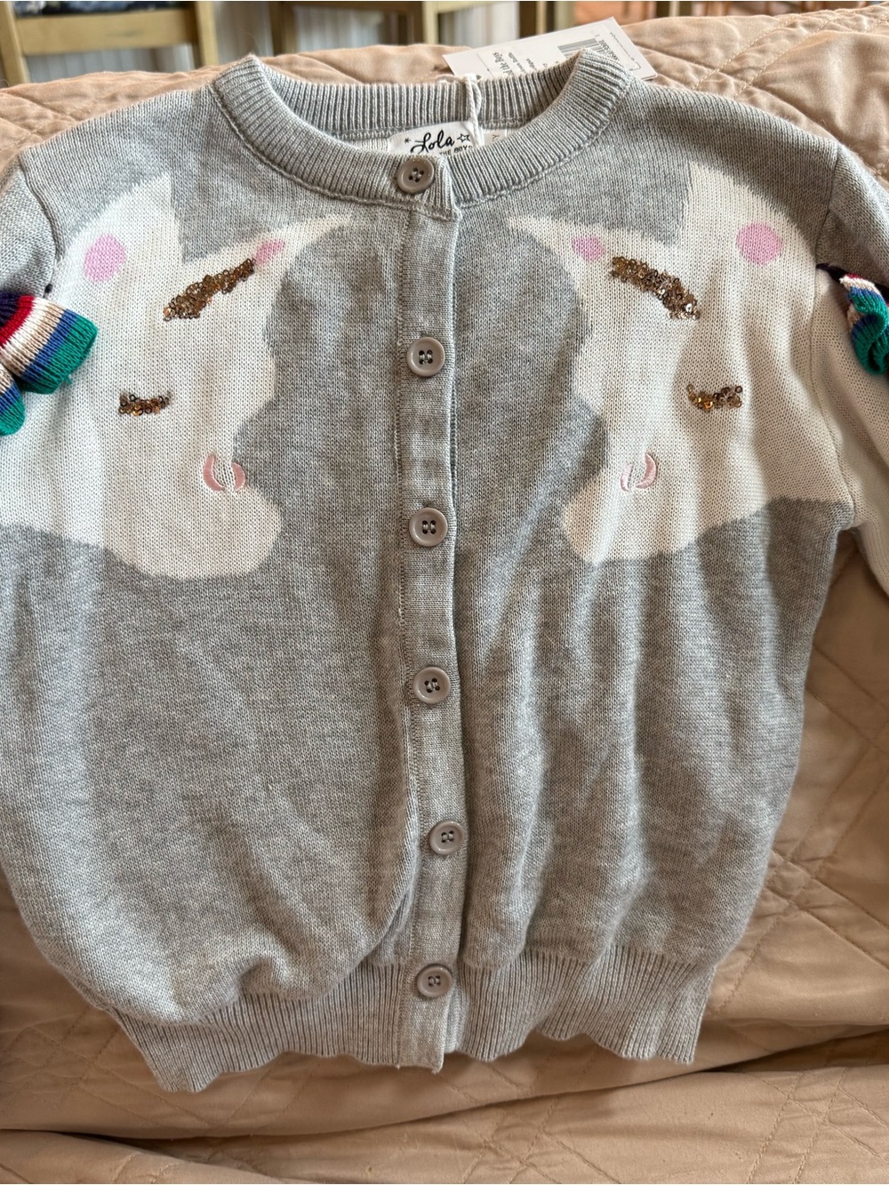 Lola + The Boys Gray Unicorn Cardigan with Gold Sparkle and Ruffles